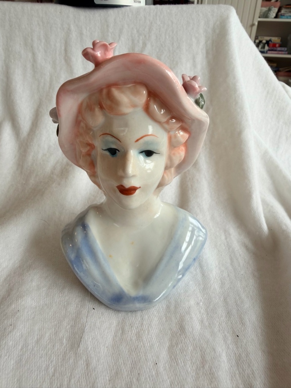 Source Unknown Pink and Blue Ceramic Lady Bust Vase